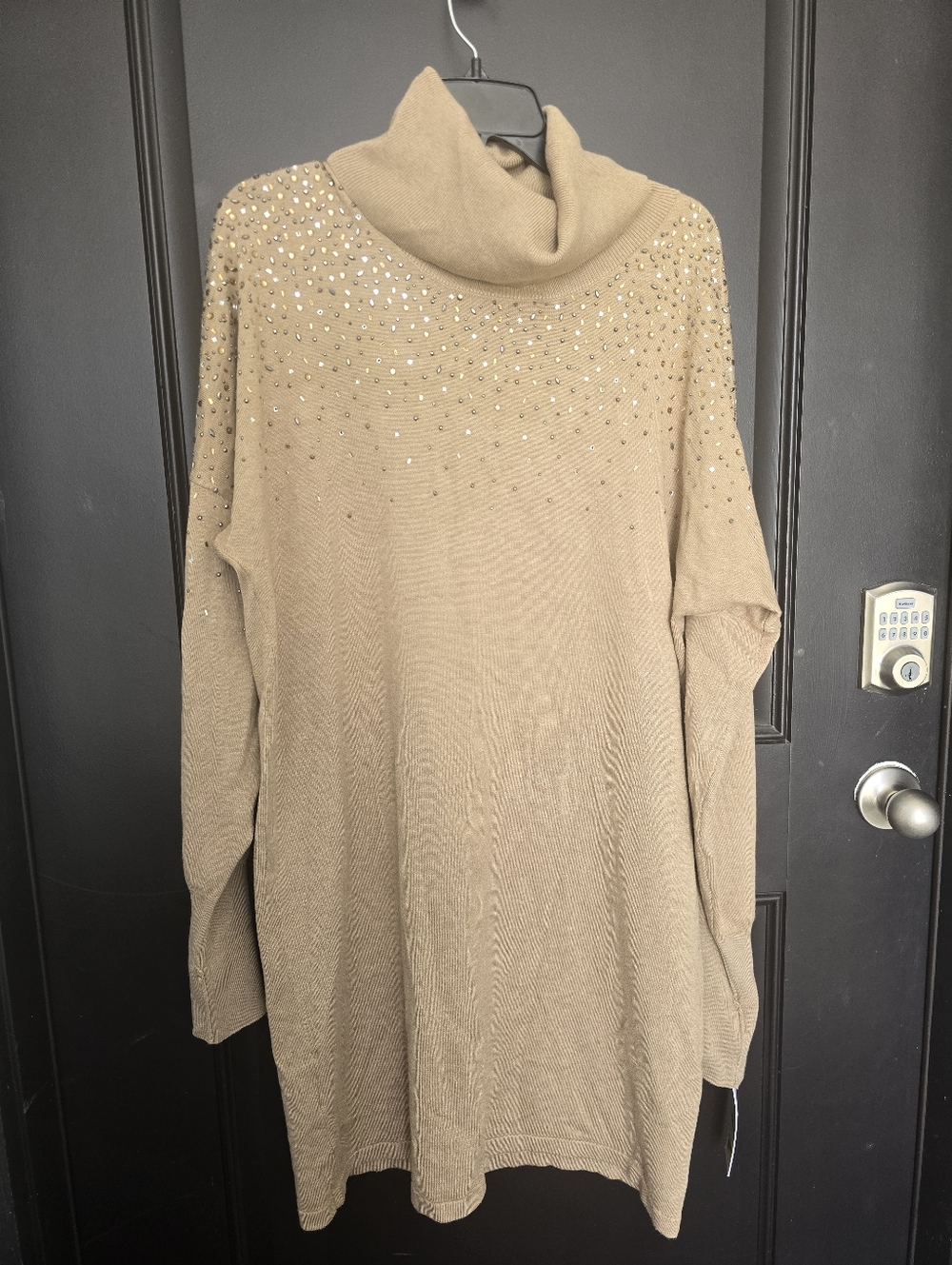Calvin Klein Women Beige Embellished Cowl Neck Sweater Dress Sz Large Rhinestone - Picture 2 of 12